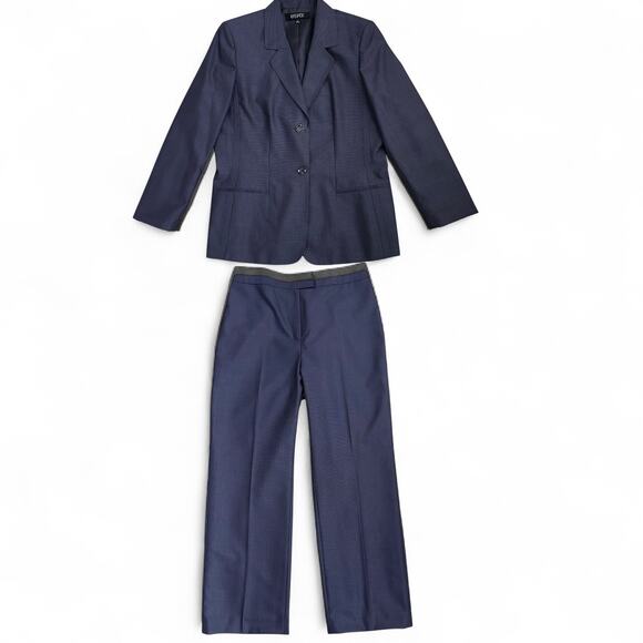 Kasper Women’s 14 Navy Micro-Check Pantsuit w/ Purple Silk Scarf Career Set - Picture 1 of 15